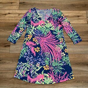 Lilly Pulitzer Erin Shirt Dress SZ XS Indigo All a Glow Pullover V Neck Floral